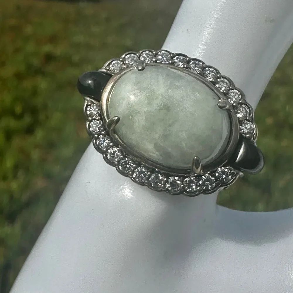 Sterling Silver Celadon Jade & Black Onyx CZ Filigree Ring